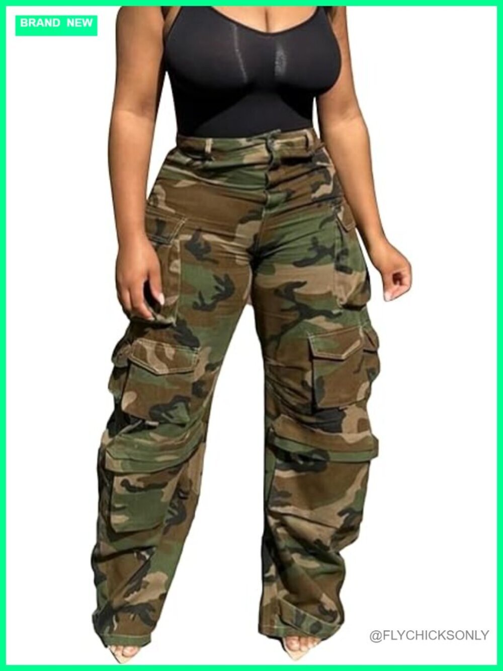 Women's High Waist Wide Leg Cargo Jeans with Pockets, Polyester Spandex